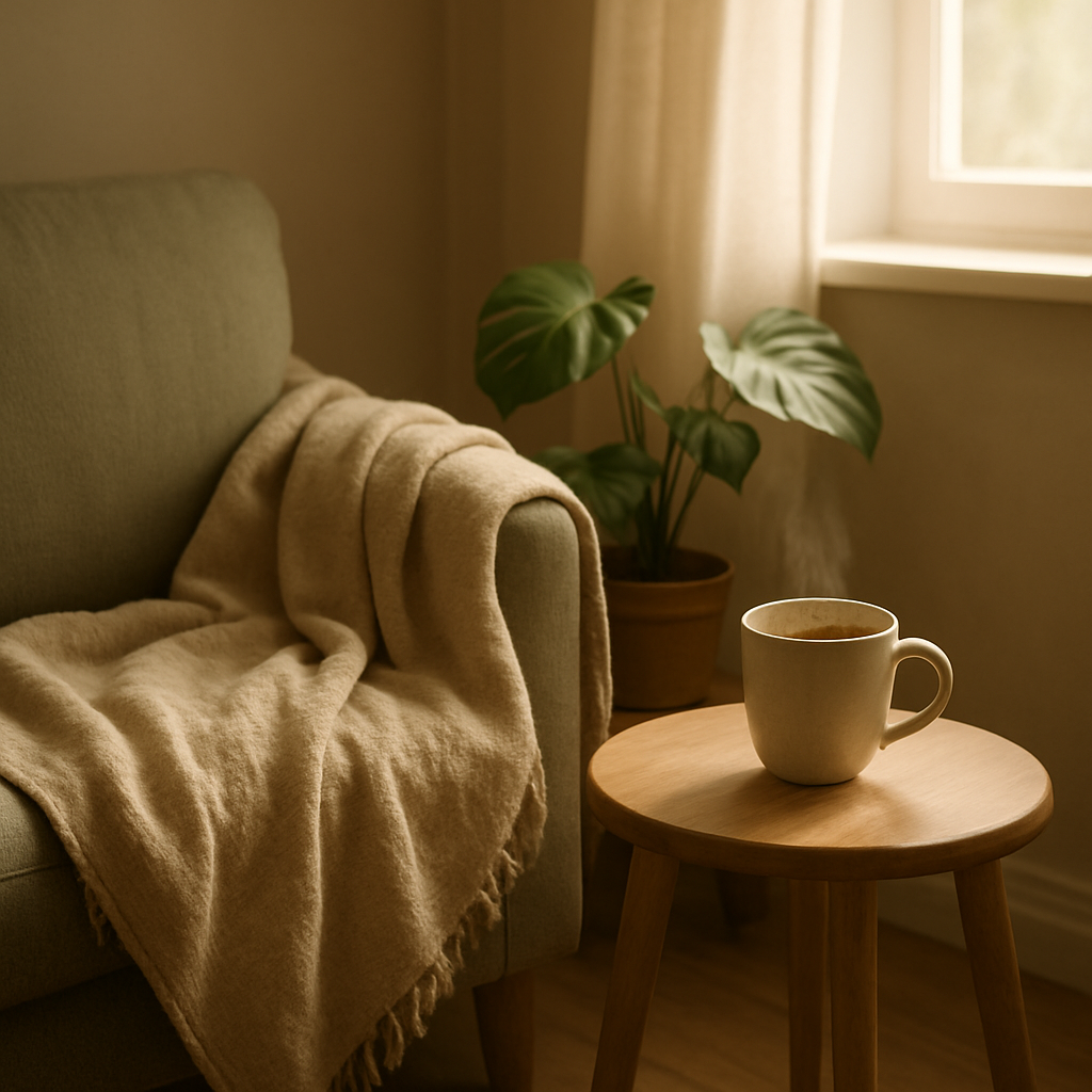 Klidná domácí wellness atmosféra s dekou, rostlinou a šálkem čaje